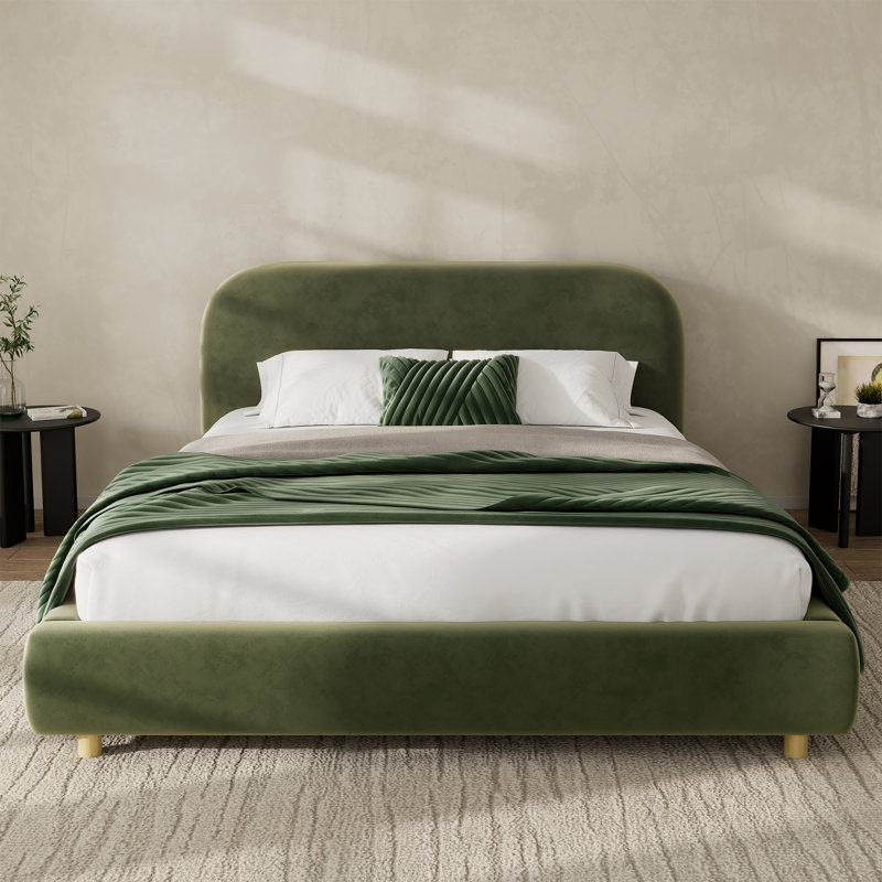 Lit plateforme tapissier avec tête de lit courbée, Grand, Vert olive