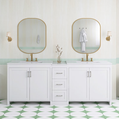 Meuble-lavabo double sur pied de 84 pouces avec dessus en céramique
