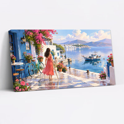 Colorful Coastal Village With Woman And Bicycle Canvas Wall Art