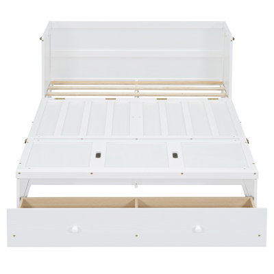 White Bed With Charging Port And Ample Space Drawer - Full Size In Connection Large Cabinet Storage Space Saver Robust