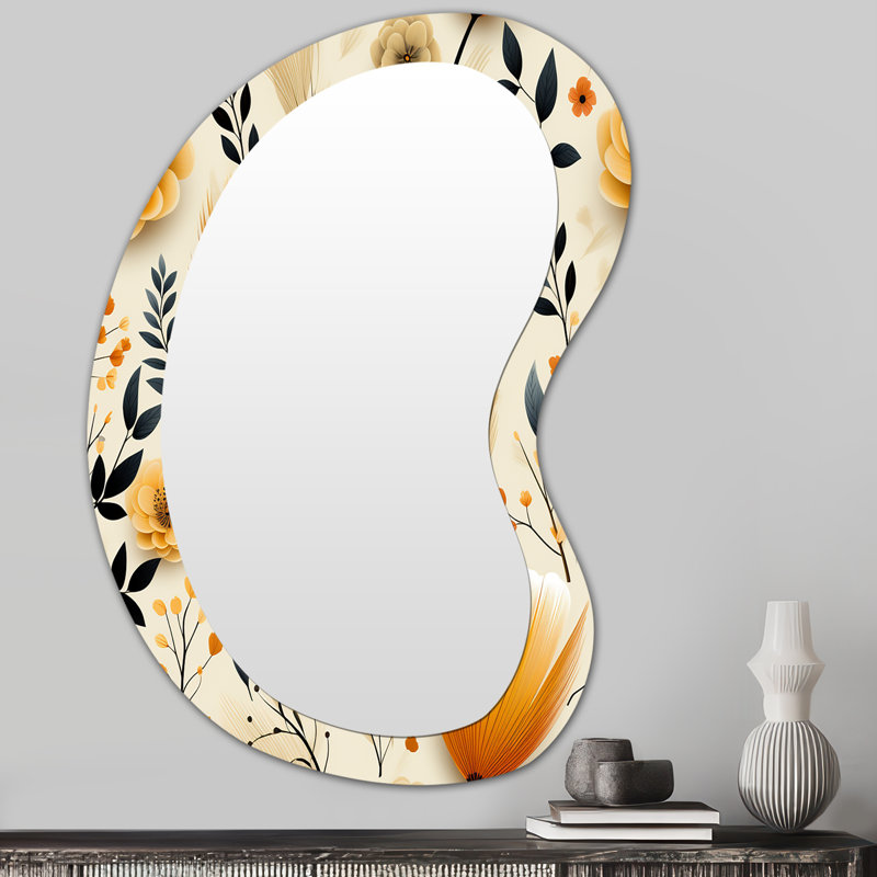 Appin Beige And Orange Flower Accents - Boho Asymmetrical Large Wall Mirror, Black Unique Shape Decorative Mirror, Printed Metal Art