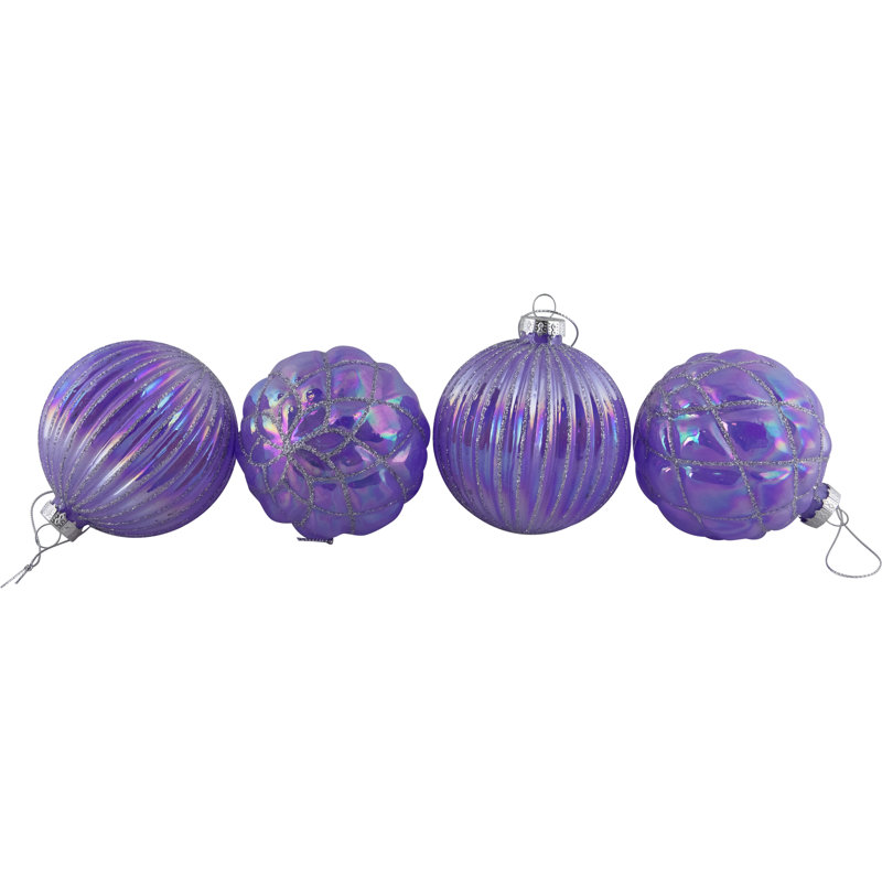 Shiny Glittered Iridescent Glass Ball Christmas Ornaments - 3" (80Mm) - Purple - 4Ct