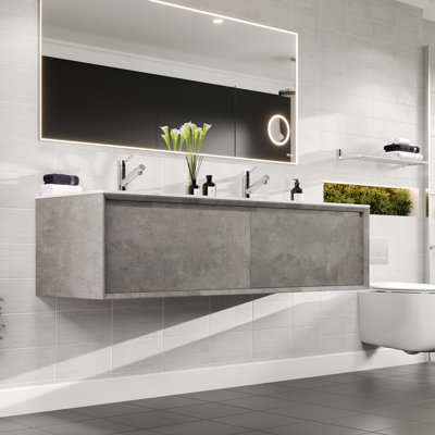Aurora 60 in. Concrete Grey Wall Mount Double Sink Bath Vanity with Carrara Quartz Top and Undermount Porcelain Sinks