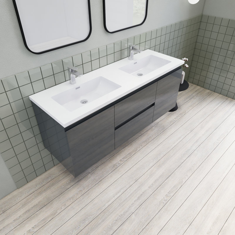 Alcester 59.2'' Double Bathroom Vanity with Resin Top, Gloss Gray