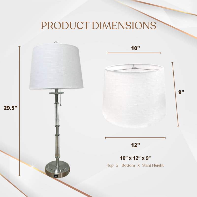 Royal Designs, Inc. 29.5" USB Port Crystal Column Table Lamps Set of 2, Brushed Nickel Finish, Linen White Hardback Shades