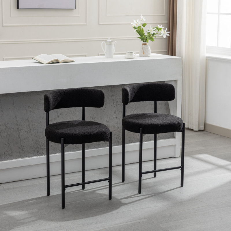 24'' Black Bouclé Upholstered Counter Stools with Metal Frame, Set of 2