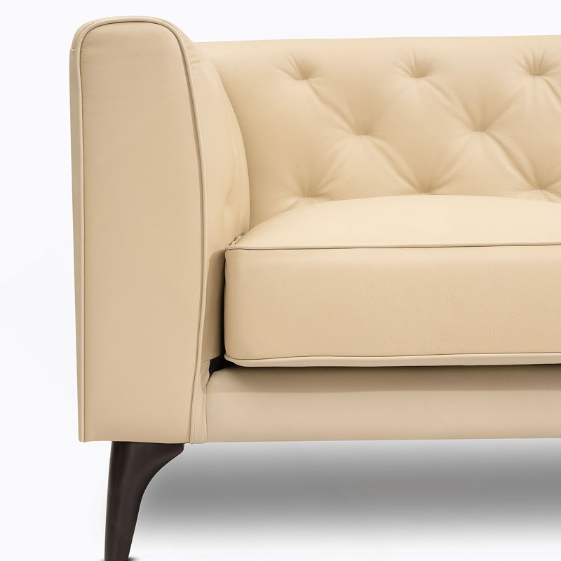 92.52 Inch Genuine Leather Couch 3-Seater Sofa with Tufted Back,Grain Leather Couch with Feather, Beige