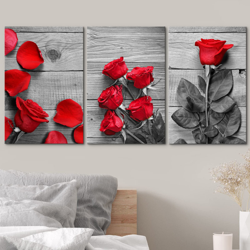 Décoration murale moderne de roses noires et blanches avec une touche de couleur rouge, Toile tendue, H 24 po x l 48 po