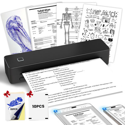 Imprimante thermique portative sans encre - format A4, documents imprimés, étiquettes, tatouages, largeur d'impression réglable, connectivité sans fil, charge USB, idéale pour les voyages et le bureau, compatible avec Ios et Android, ordinateurs portables, cadeau parfait pour les tatoueurs