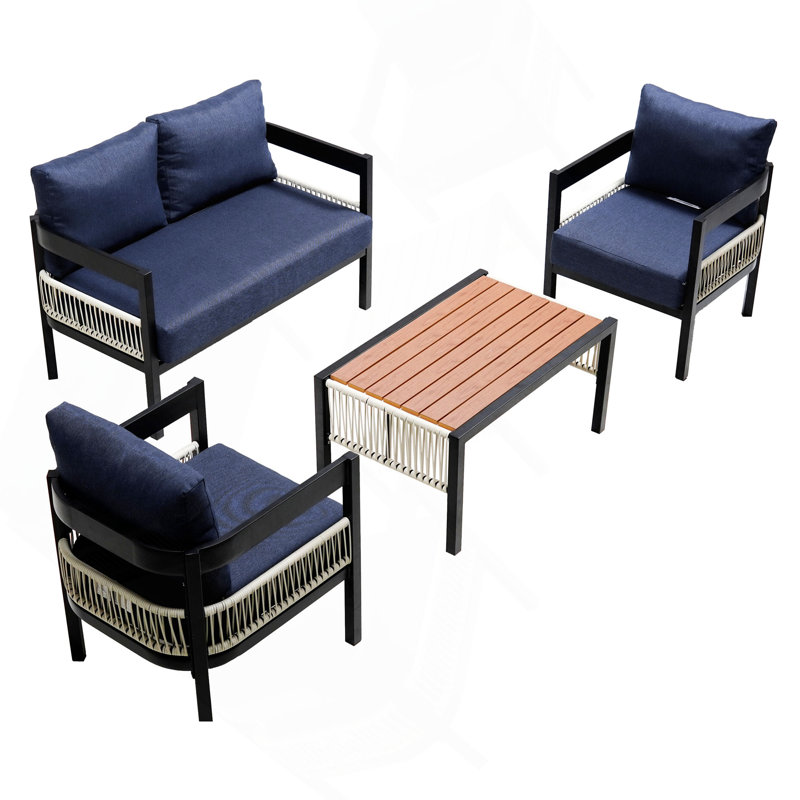 Multi-Person Outdoor Iron Sofa Set With A Table, Rattan Decoration, Waterproof, Rust-Proof, Suitable For Garden, Lawn Use