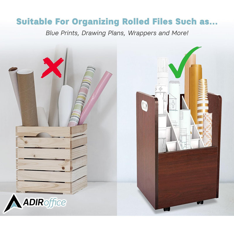 Brown Wood Mobile Rolling Blueprint Organizer with 20 Slots