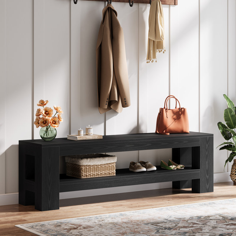59" Wooden Entryway Bench With Storage Shelf, Black