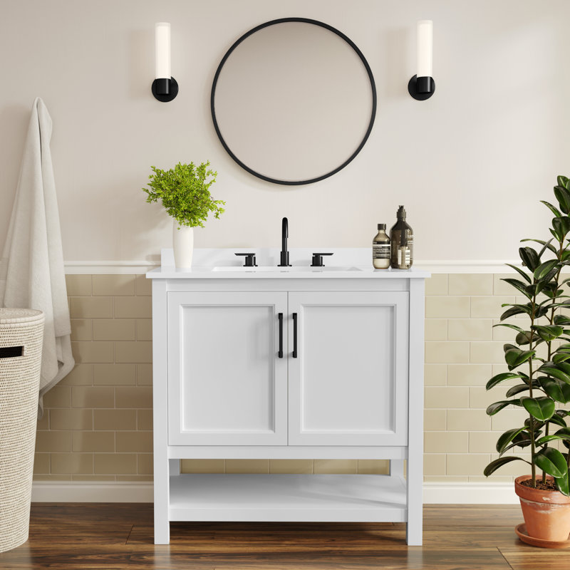Castielle 36'' Bathroom Vanity with Undermount Sink and Open Storage Shelf, White, Black