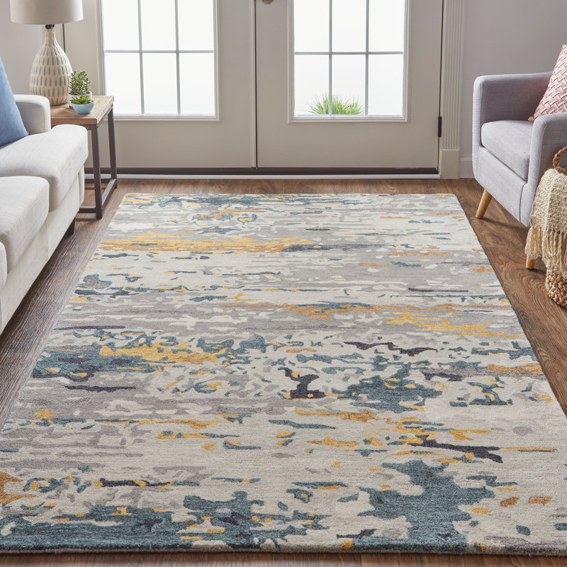 Casual Abstract, Gray/Yellow/Blue Area Rug, Rectangle 9' x 12'