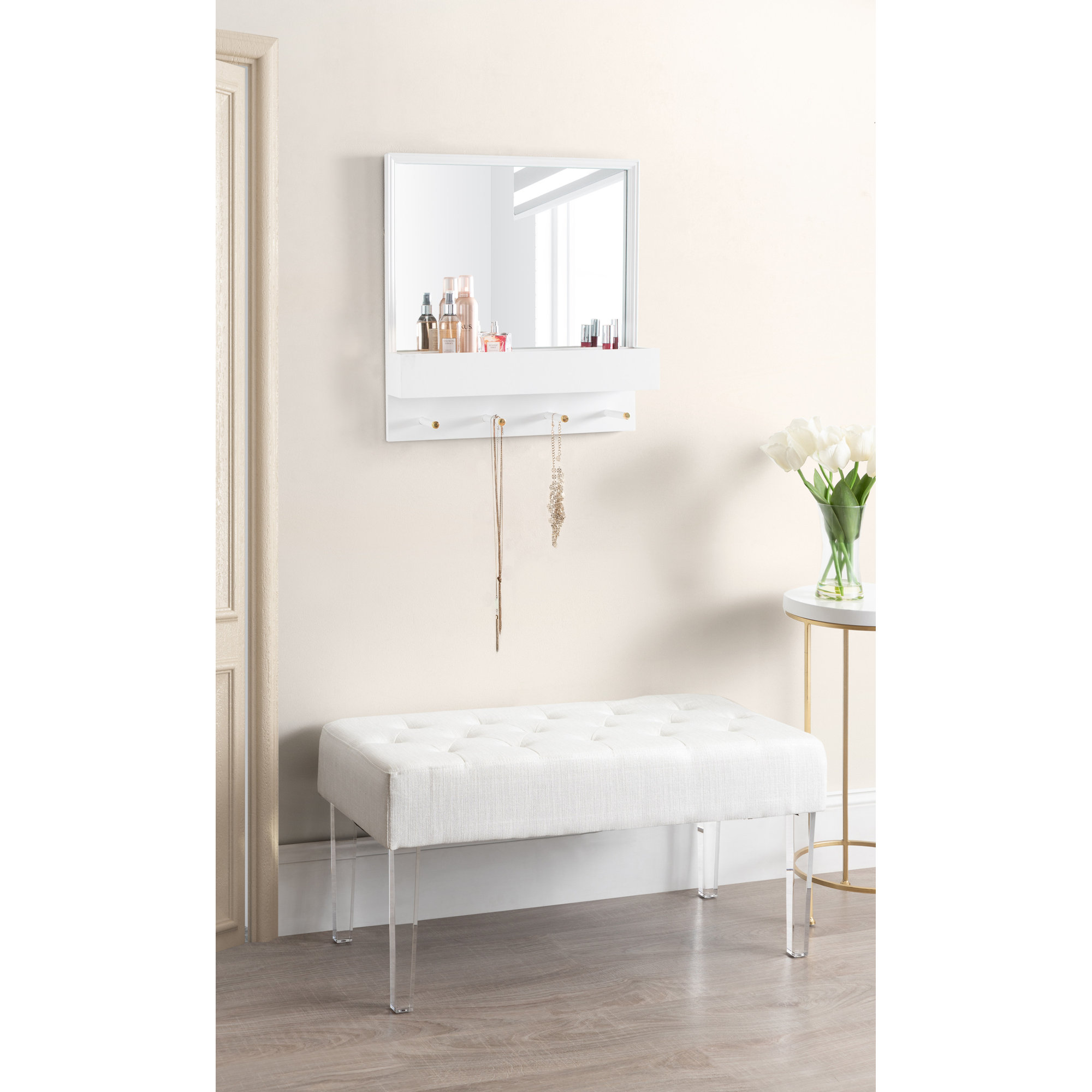 Medici Flat Wall Mirror with Shelves, 24" x 24", White