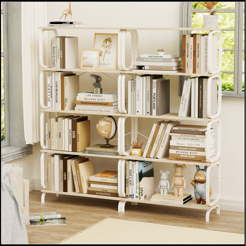 5 Tier Large Book Shelf, Bookcase with White Metal Frame for Home Office and Living Room, Vintage Industrial Style, White