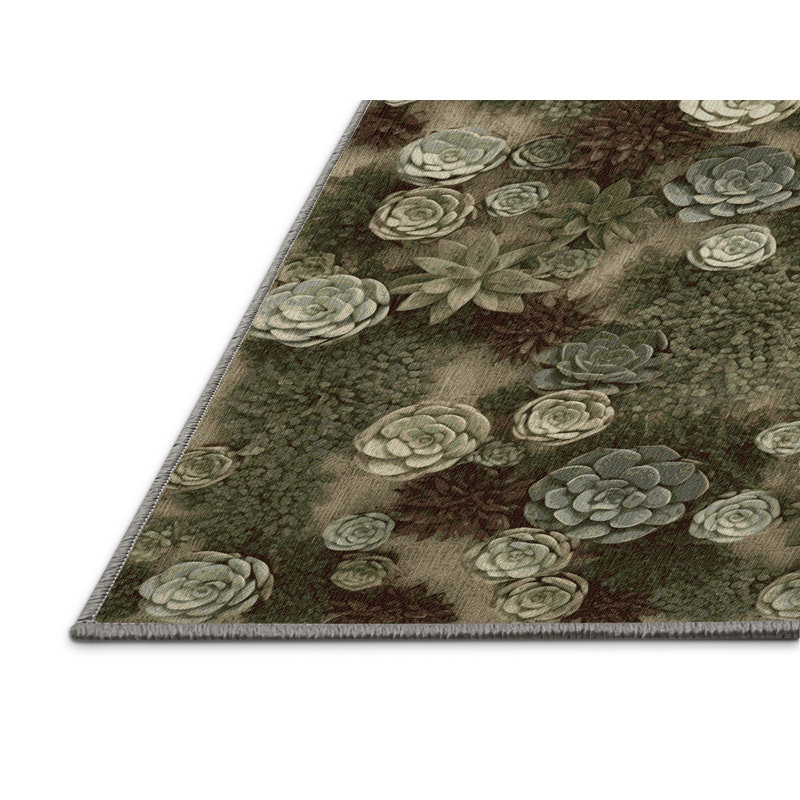 Machine Washable Botanical Brown Area Rug, Rectangle 7' x 9'