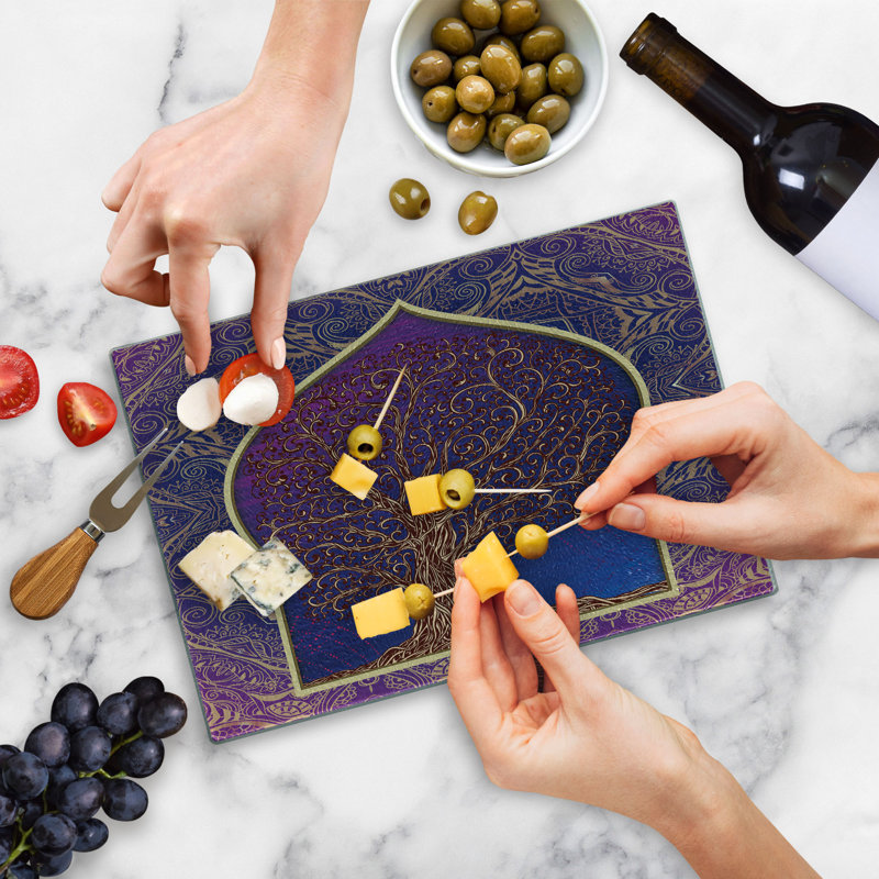 Ambesonne Moroccan Tempered Glass Cutting Board Retro Branches Medieval Purple and Blue