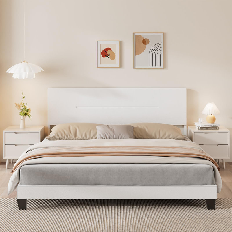 Upholstered Low Platform Bed Frame with Headboard, No Box Spring Needed, King