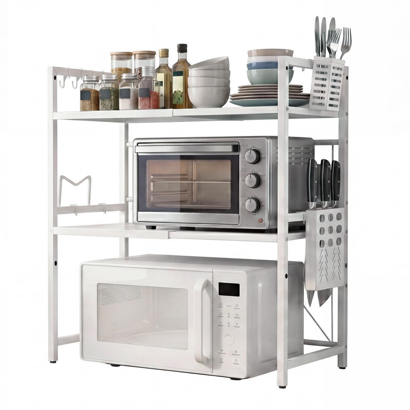 3-Tier Expandable Microwave Shelf for Cluttered Kitchens, Height & Width Adjustable Kitchen Counter Organiser with Hooks, Knife Holder, Chopping Board Rack & Cutlery Box, White