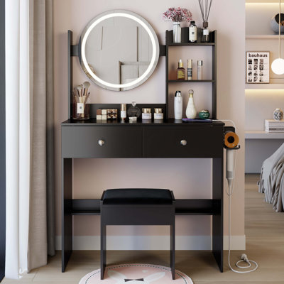 17" Round LED Mirror Vanity Table Cushioned Stool, Equipped With 2 AC 2 USB Power Socket, Big Mirror, Touch Switch, 3 Colors, Adjustable Brightness, Large Desktop, Multi-Layer High Capacity Storage