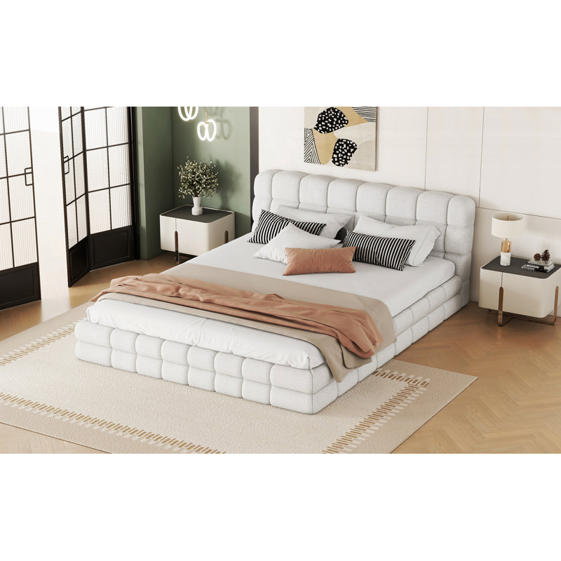 Queen Size Upholstered Platform Bed, White
