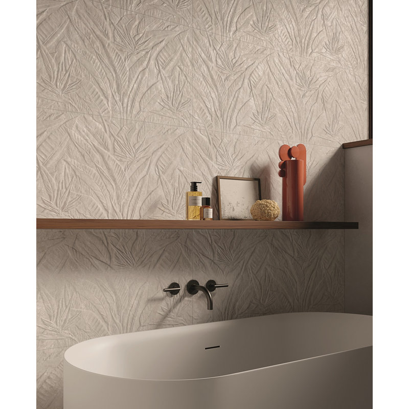 Carreau mural en céramique 3D sculpté à motif botanique Shibumi 51 x 122 cm – Aspect pierre texturée, Ivoire ivoire