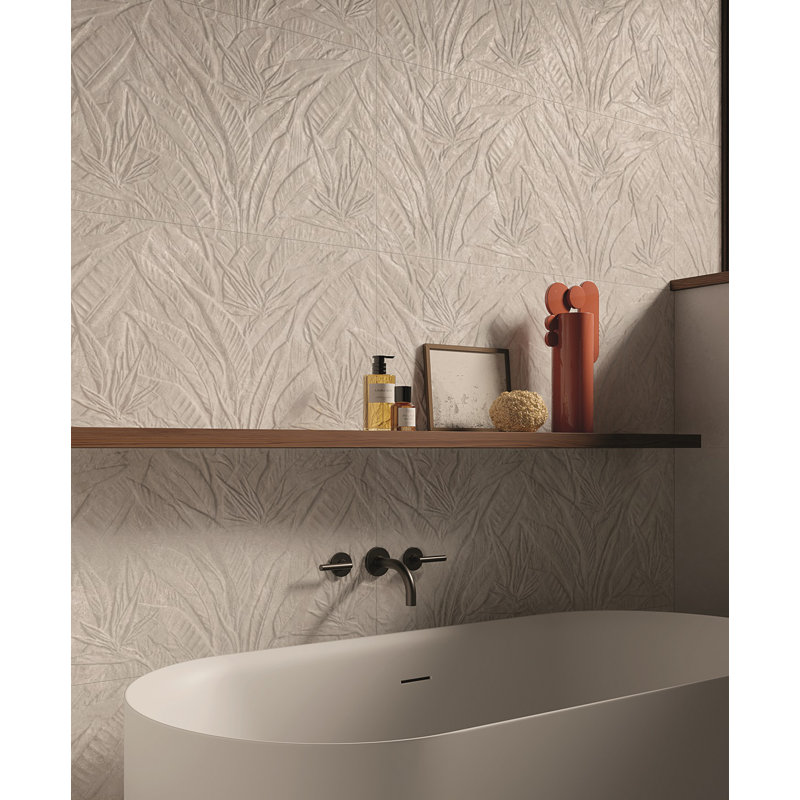 Shibumi 20" x 48" Carved Botanical 3D Ceramic Wall Tile – Textured Stone Look, Ivory