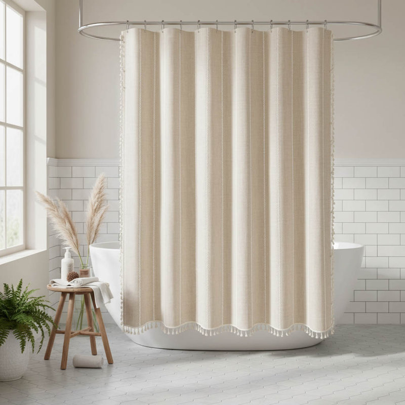 Boho Farmhouse Tassel Shower Curtain, Beige