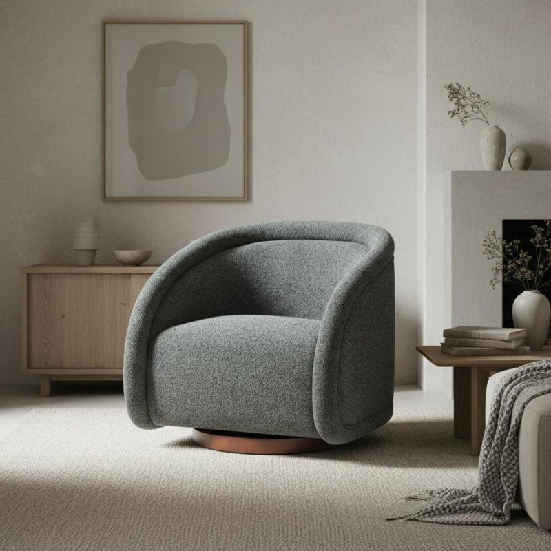 Chaise pivotante verte Sabbo avec base en bois massif noyer, Grey Boucle