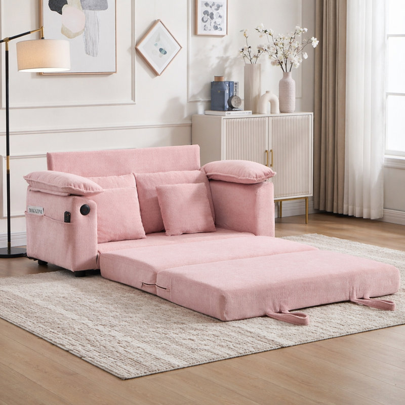 Canapé-lit futon convertible 3-en-1 de 58 pouces avec causeuse pliable avec canapé-lit escamotable, Pink