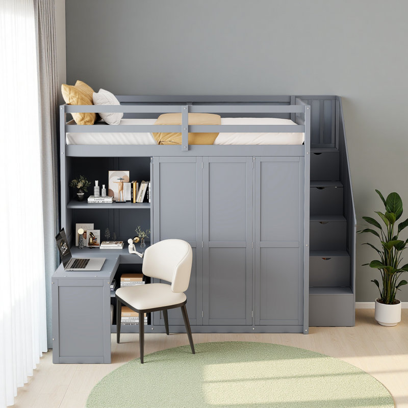 Lit mezzanine double avec garde-robe, bureau et tablettes, Gris