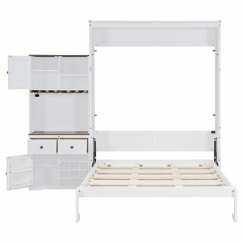 Grand lit escamotable avec armoire de rangement, support à vin, porte-verre et tiroirs, Blanc