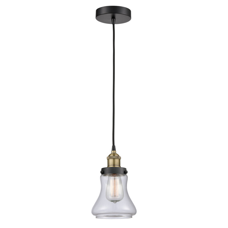 Luminaire suspendu en forme de cloche à 1 lumière Cahuilla, Transparent, Laiton antique noir