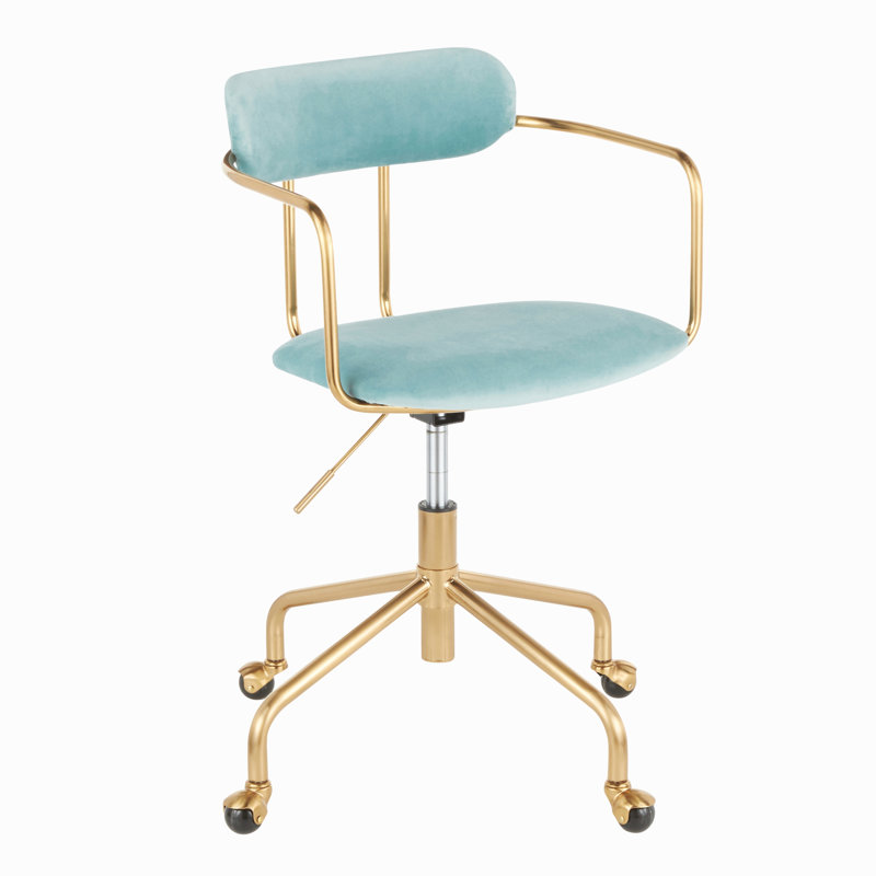 Chaise de bureau contemporaine en métal doré et velours bleu clair