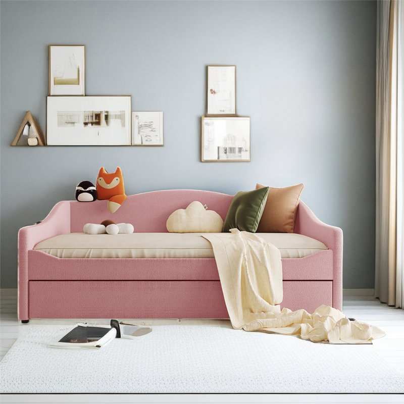 Karsha Teddy Fleece Full Size Upholstered Daybed with Light and Trundle, Pink