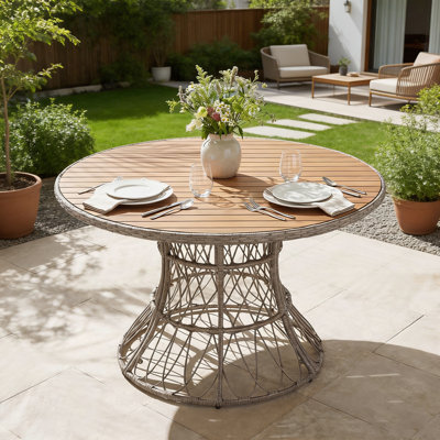Outdoor Round Dining Table with Acacia Wood Top and Wicker Base