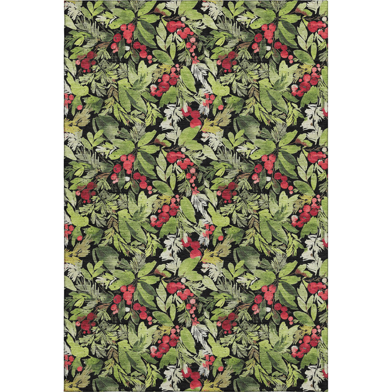 Premium Machine Washable Dockside AMF1816 Watercolor Mistletoe Berry Rug, Rectangle 10' x 14'
