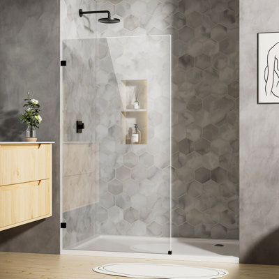 36'' X 68'' Black Hardware Frameless Fixed Shower Glass Panel – 3/8" Tempered Glass with Explosion-Proof Film Shower Screen