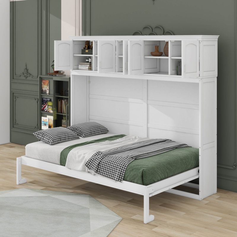 Lit escamotable avec armoires supérieures Murphy, Blanc, Grand lit