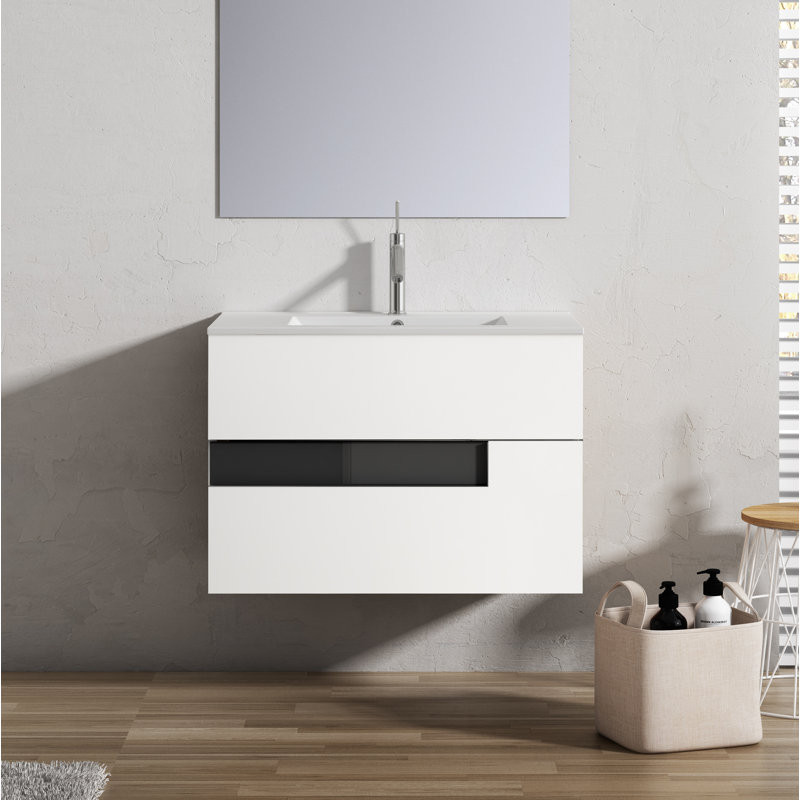 Malika 24'' Single Bathroom Vanity with Ceramic Top, White/Black