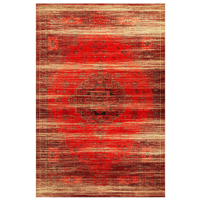 Susan Red Oriental Machine Printed Cotton Polyester Area Rug, Rectangle 5'3" x 7'3"