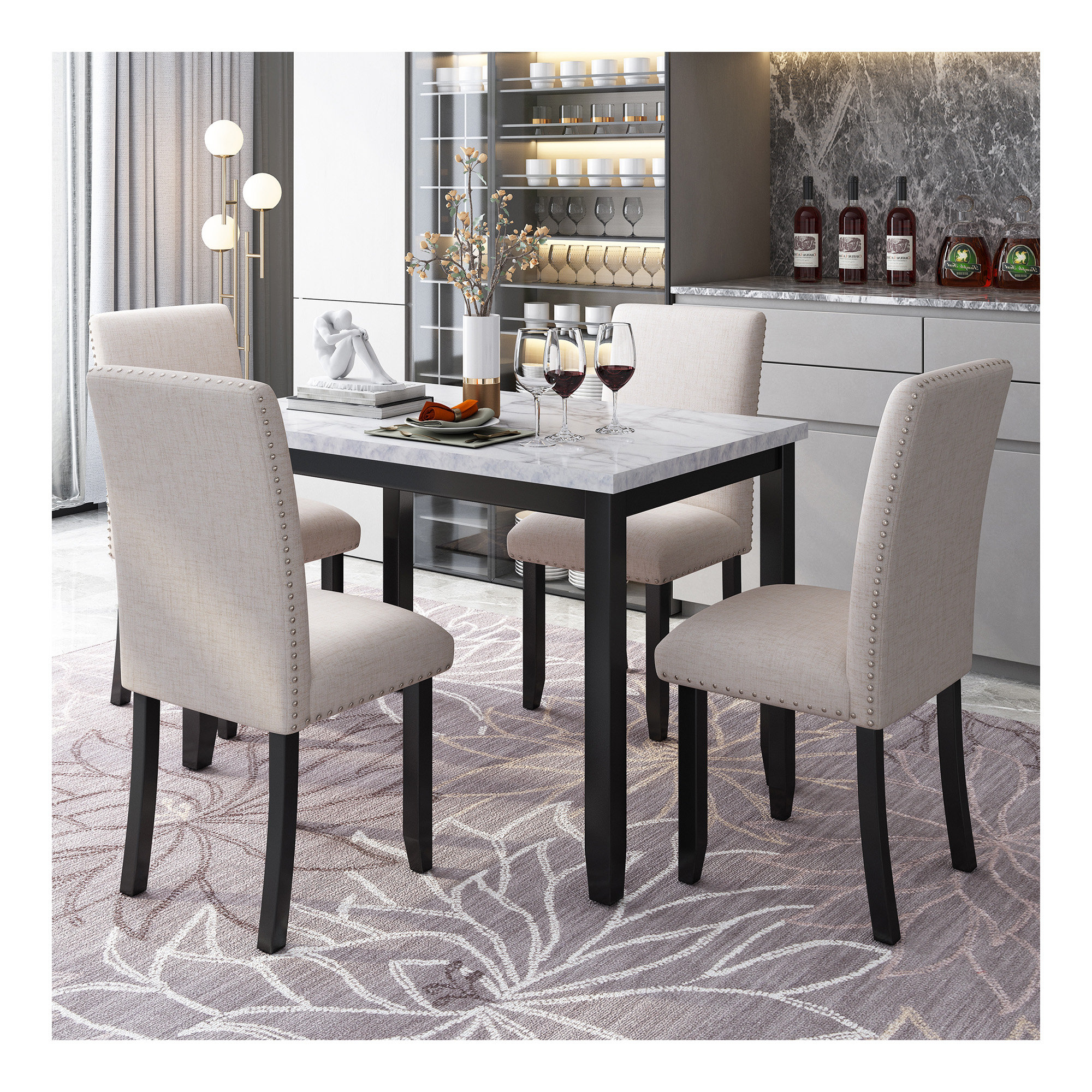 Wesley 5pc Counter Height Dining Table Set | White Faux-Leather | Faux Marble | Dark Brown main image 0