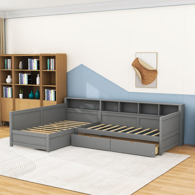 Daybed with 3 Drawers and Bookshelf, Gray