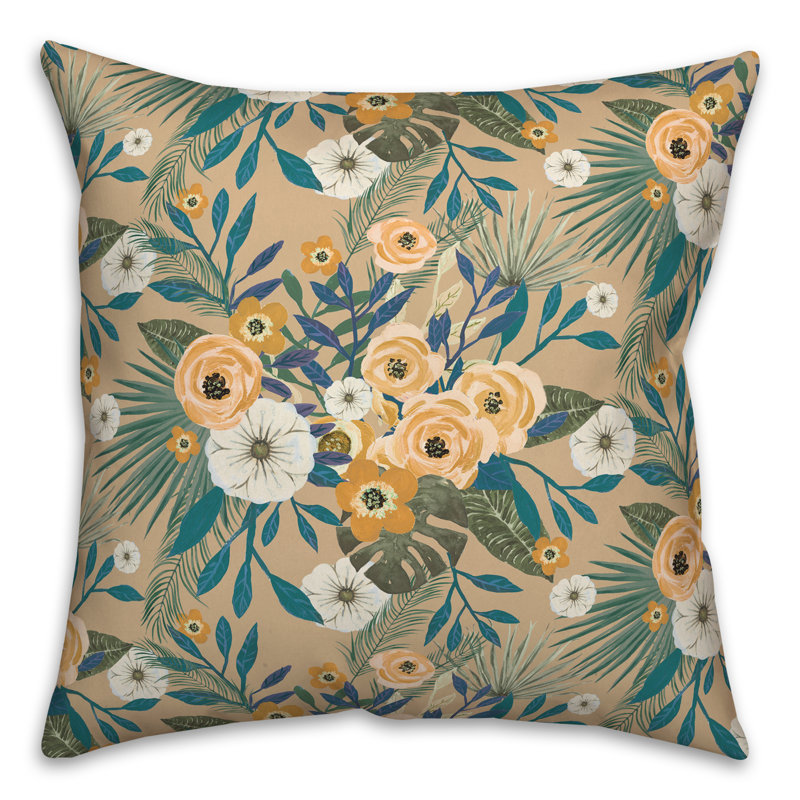 Beige Tropical Floral Square Polyester Throw Pillow