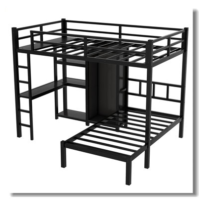 Metal Full XL Over Twin Bunk Bed With Desk,Bookshelf ,Storage Shelves And Wardrobe