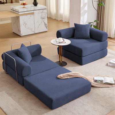 [VIDÉO FOURNI] Canapé-lit modulaire pour appartement, canapé-lit convertible, structure fixe et accoudoirs amovibles, canapé-lit pliant pour petits espaces, sans assemblage, velours côtelé, bleu