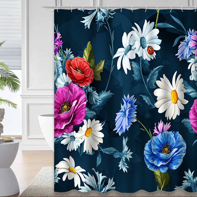 Rideau de douche imperméable à motif floral bleu foncé avec 12 crochets, L 72 po x l 72 po