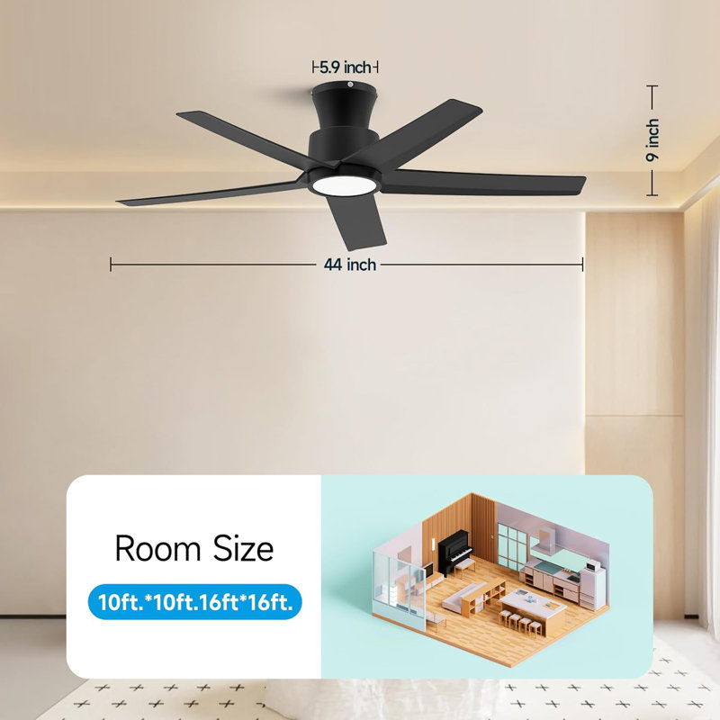 44-inch Flush Mount Ceiling Fan With LED Light 3 Color Temperature, Black with Black Blades
