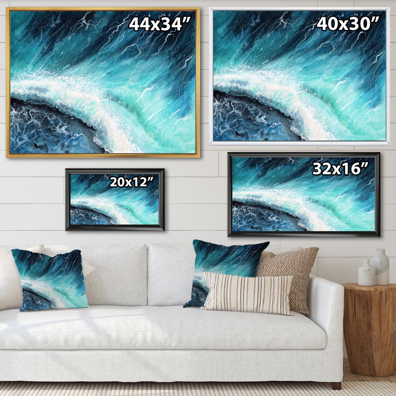 Bleu marine, vagues de l'océan et écume de mer blanche I - peinture sur toile, H 16 po x l 32 po, Toile à cadre flottant noir